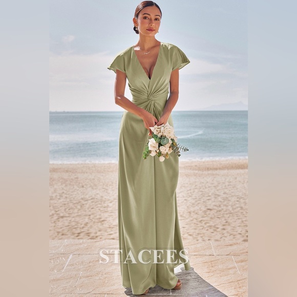 Stacees Sheath V Neck Floor-Length Stretch Satin Bridesmaid Dress - Celadon - Picture 4 of 7